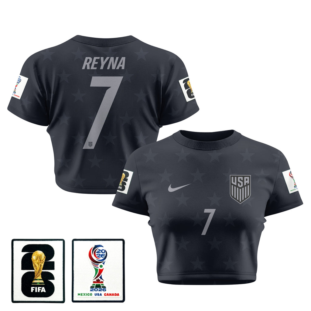 Giovanni Reyna 7 USMNT 2026 Women's Away All-Over Print Cropped Jersey - Black