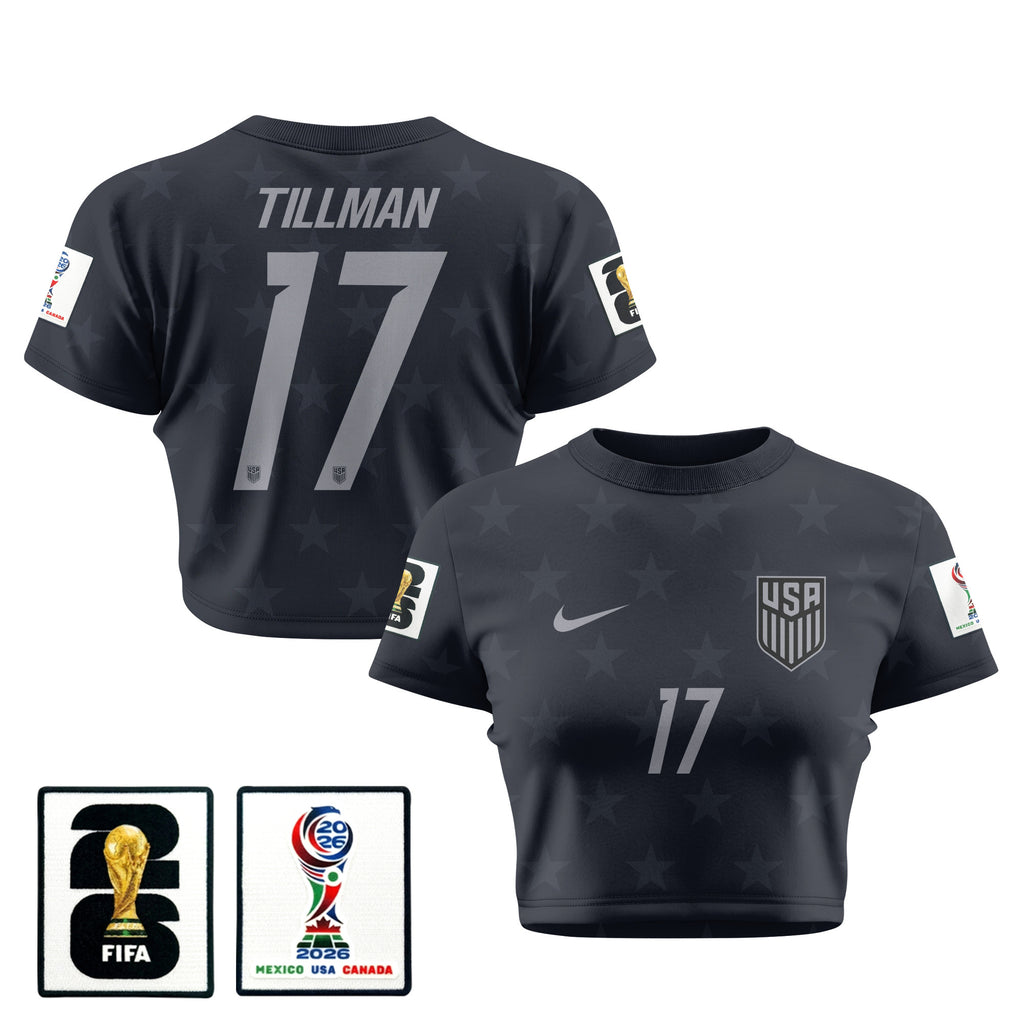 Malik Tillman 17 USMNT 2026 Women's Away All-Over Print Cropped Jersey - Black