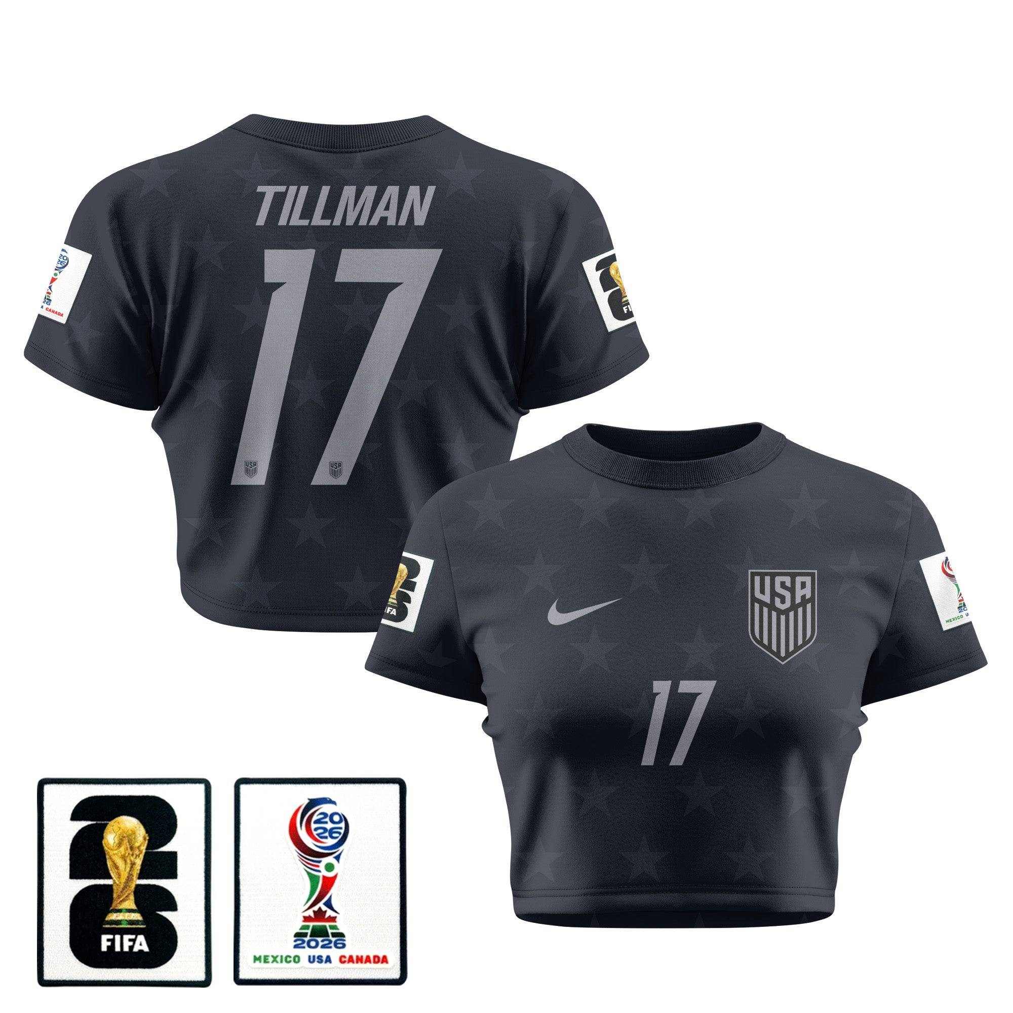 Malik Tillman 17 USMNT 2026 Women's Away All-Over Print Cropped Jersey - Black