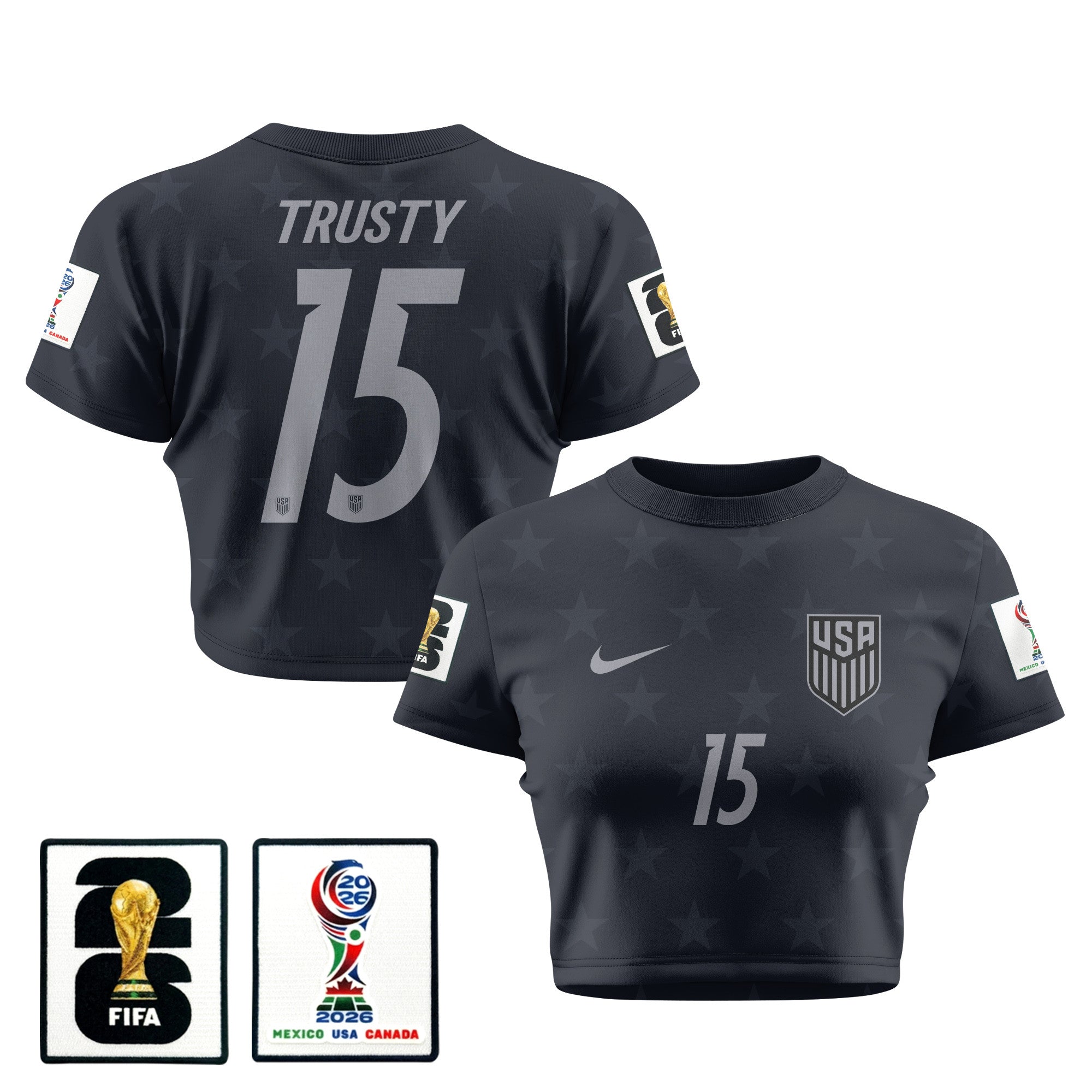 Auston Trusty 15 USMNT 2026 Women's Away All-Over Print Cropped Jersey - Black