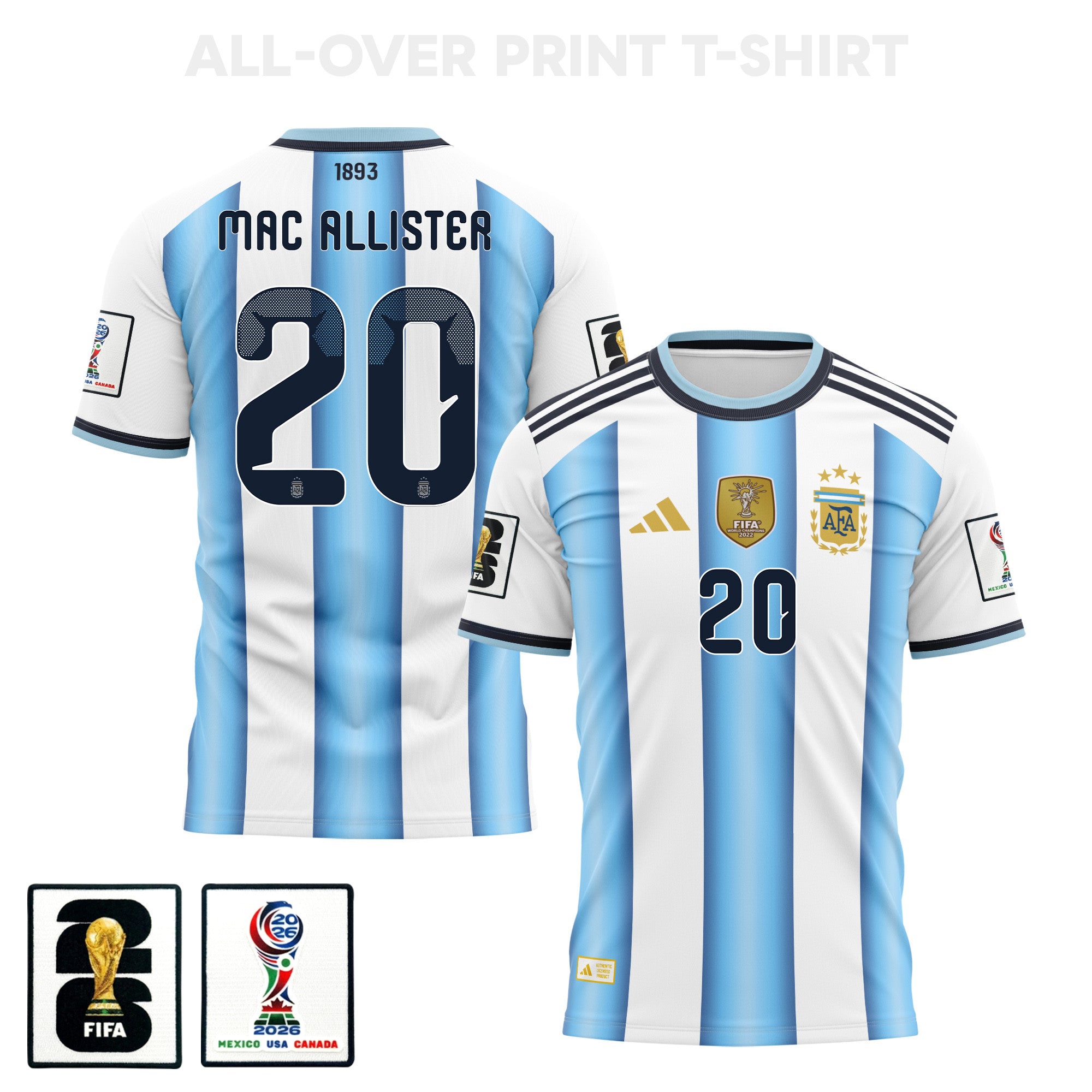 Alexis Mac Allister 20 Argentina 2026 Home 3D T-Shirt Fully Printed – Unisex, White