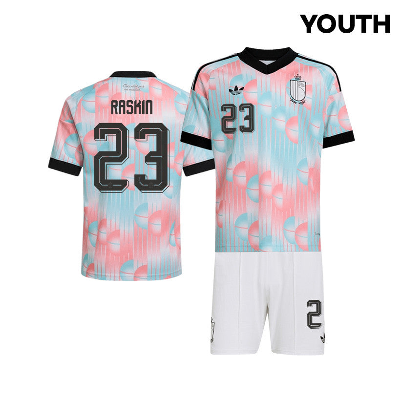 Nicolas Raskin 23 Belgium 2026 YOUTH Away Jersey & Shorts Set - Light Blue