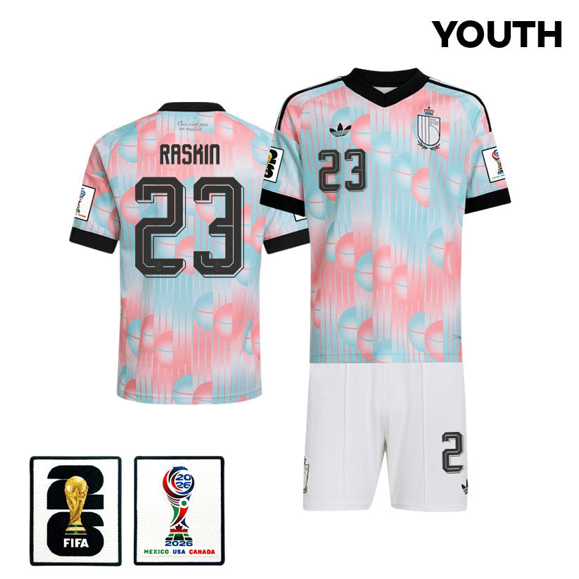 Nicolas Raskin 23 Belgium 2026 YOUTH Away Jersey & Shorts Set - Light Blue