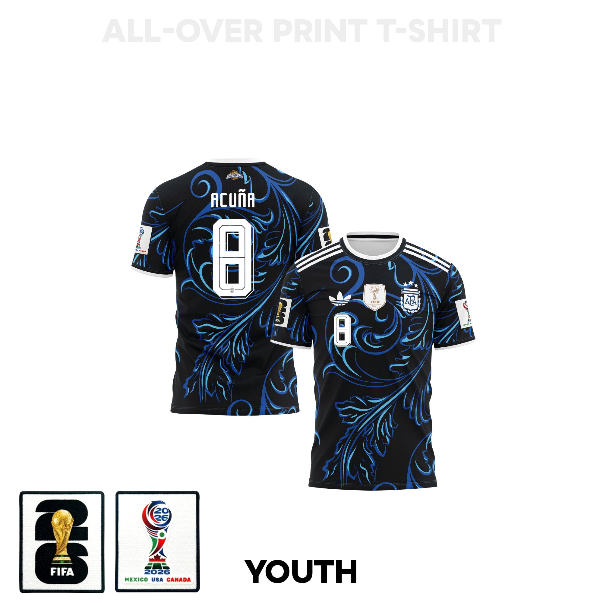 Marcos Acuña 8 Youth Argentina 2026 Away 3D T-shirt Fully Printed – Black