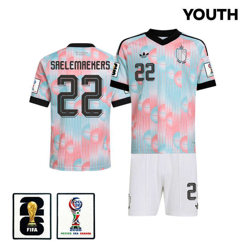 Alexis Saelemaekers 22 Belgium 2026 YOUTH Away Jersey & Shorts Set - Light Blue