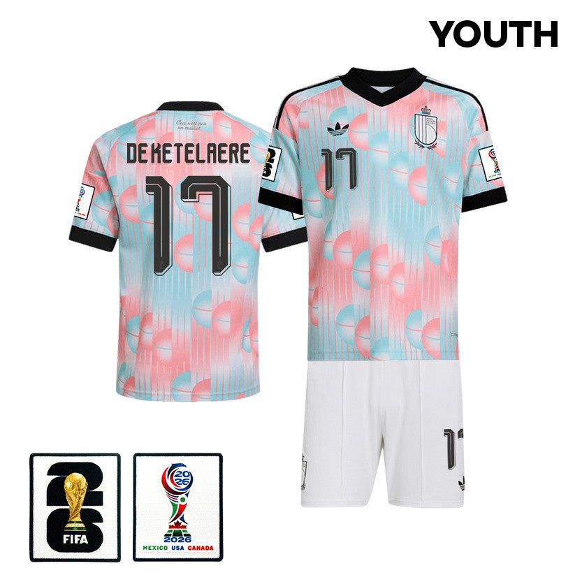 Charles De Ketelaere 17 Belgium 2026 YOUTH Away Jersey & Shorts Set - Light Blue