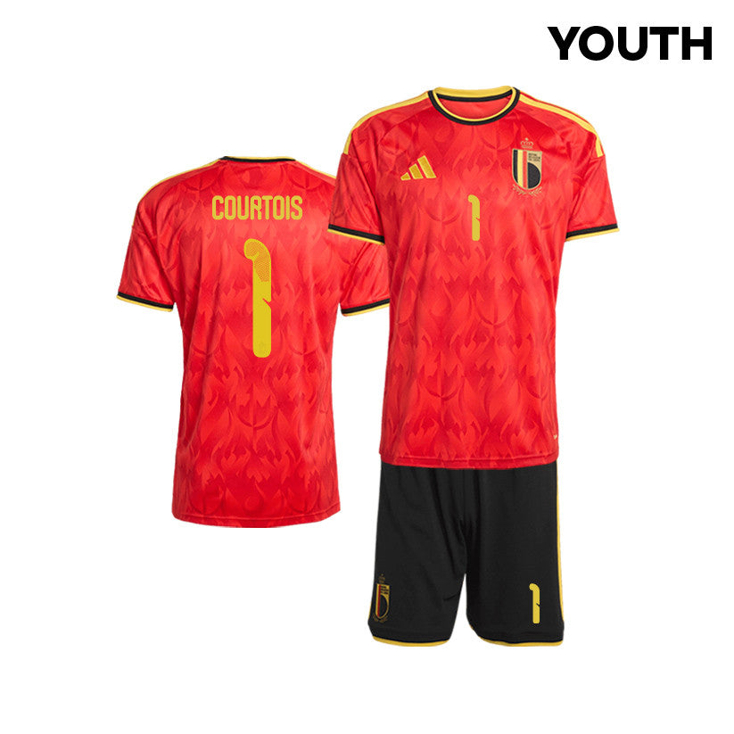 Thibaut Courtois 1 Belgium 2026 YOUTH Home Jersey & Shorts Set - Red/Black