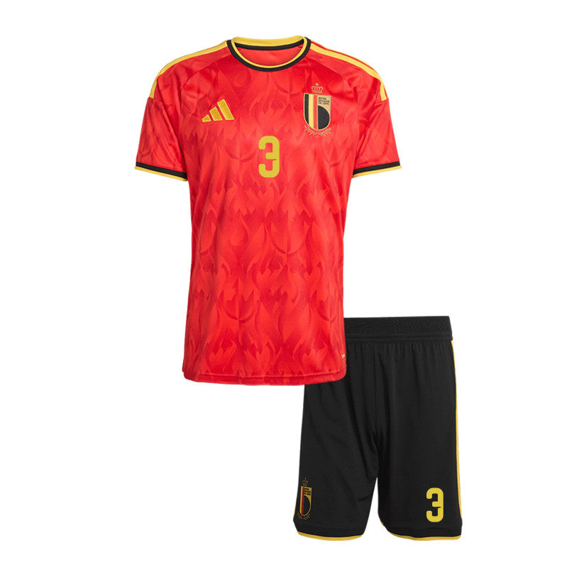 Arthur Theate 3 Belgium 2026 YOUTH Home Jersey & Shorts Set - Red/Black