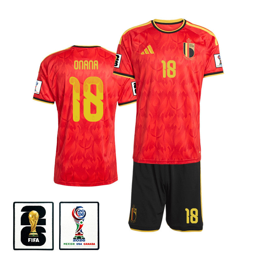 Amadou Onana 18 Belgium 2026 Home Men Jersey & Shorts Set – Red/Black