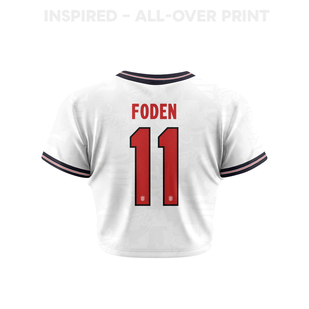 Phil Foden 11 England 2026 Women's Home All-Over Print Cropped Jersey - White