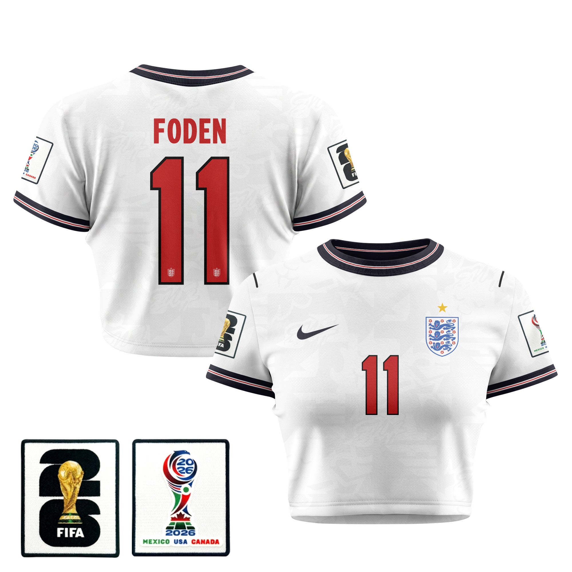 Phil Foden 11 England 2026 Women's Home All-Over Print Cropped Jersey - White