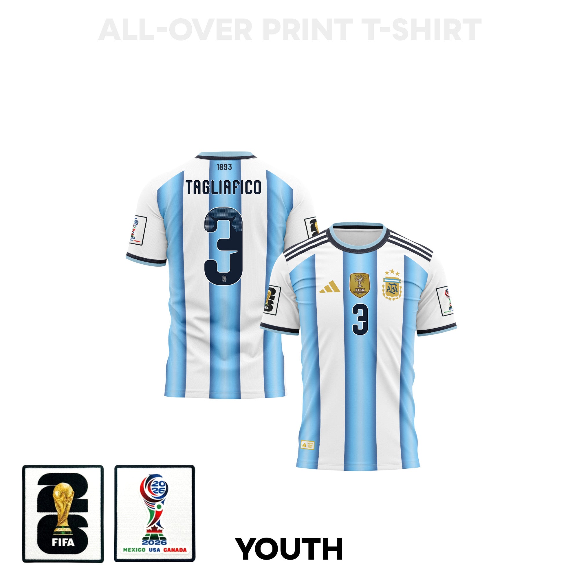 Nicolás Tagliafico 3 Youth Argentina 2026 Home 3D T-shirt Fully Printed – White