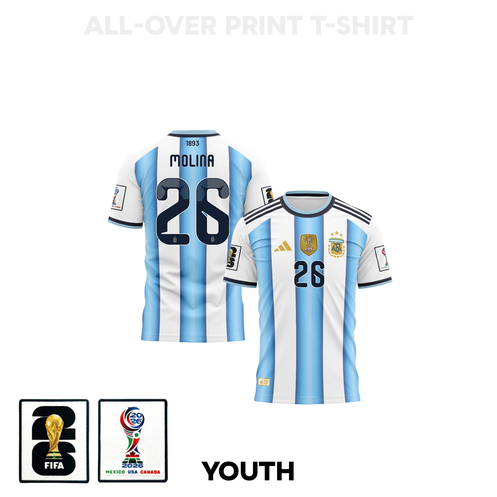 Nahuel Molina 26 Youth Argentina 2026 Home 3D T-shirt Fully Printed – White