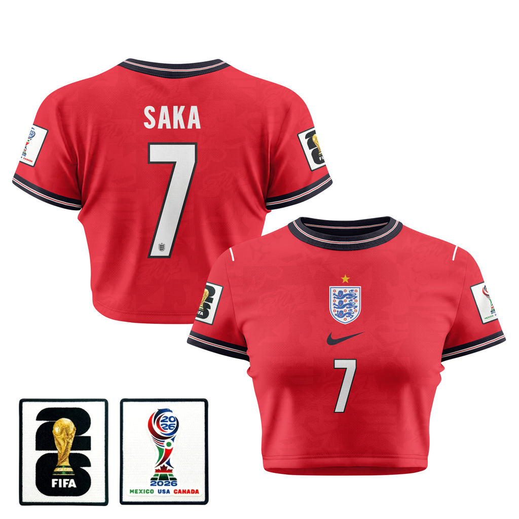Bukayo Saka 7 England 2026 Women's Home All-Over Print Cropped Jersey - Red