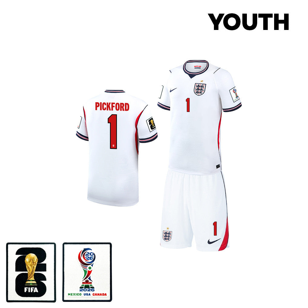 Jordan Pickford 1 England 2026 YOUTH Home Jersey & Shorts Set - White