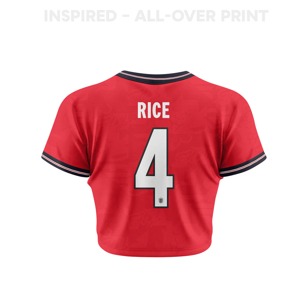 Declan Rice 4 England 2026 Women's Home All-Over Print Cropped Jersey - Red