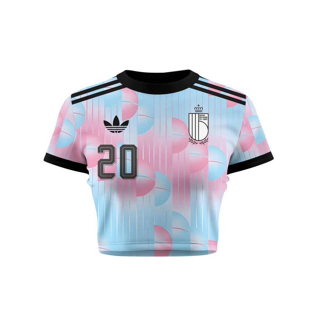 Hans Vanaken 20 Belgium 2026 Women's Away All-Over Print Cropped Jersey - Light Blue