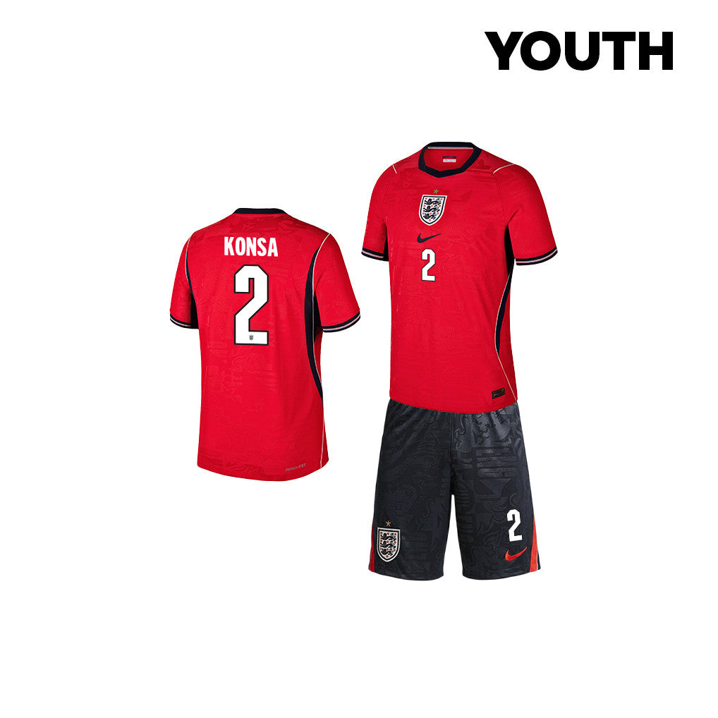 Ezri Konsa 2 England 2026 YOUTH Away Jersey & Shorts Set - Red/Black