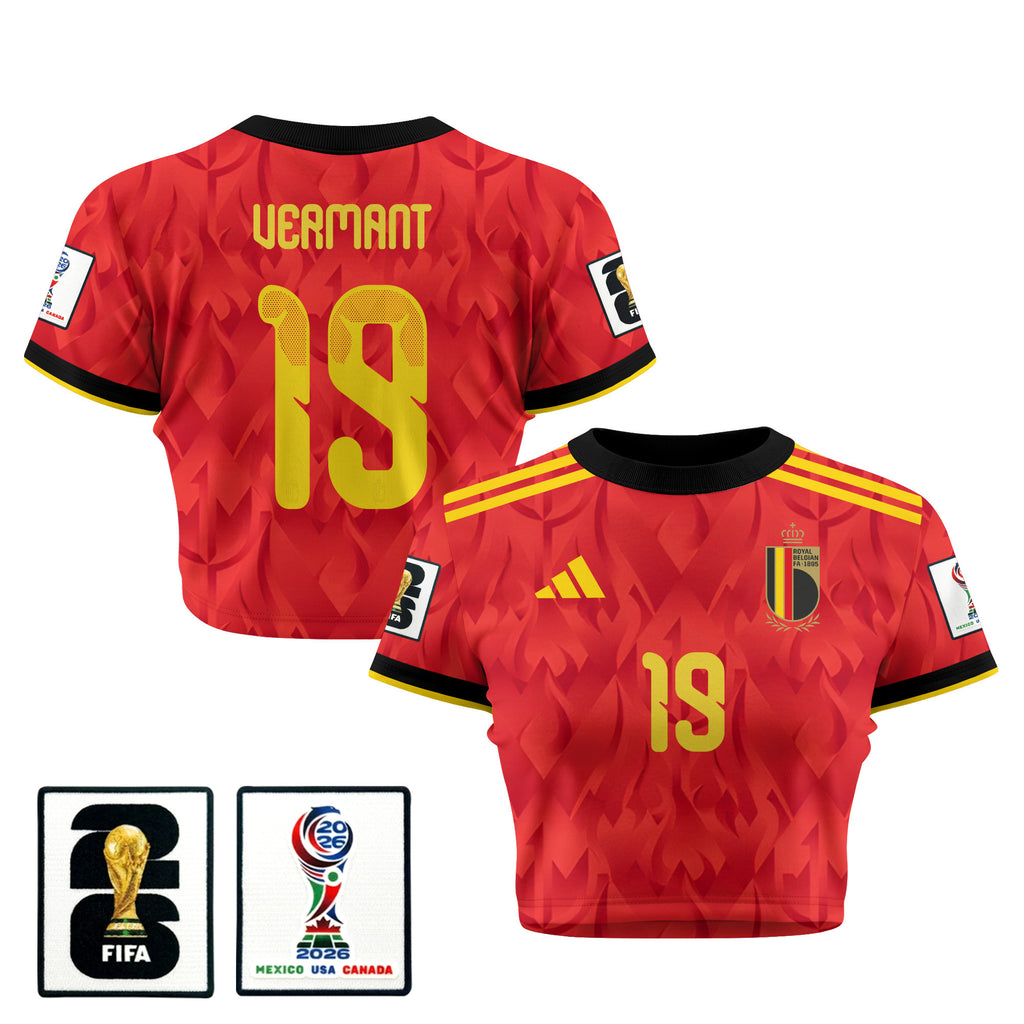 Romeo Vermant 19 Belgium 2026 Women's Home All-Over Print Cropped Jersey - Red