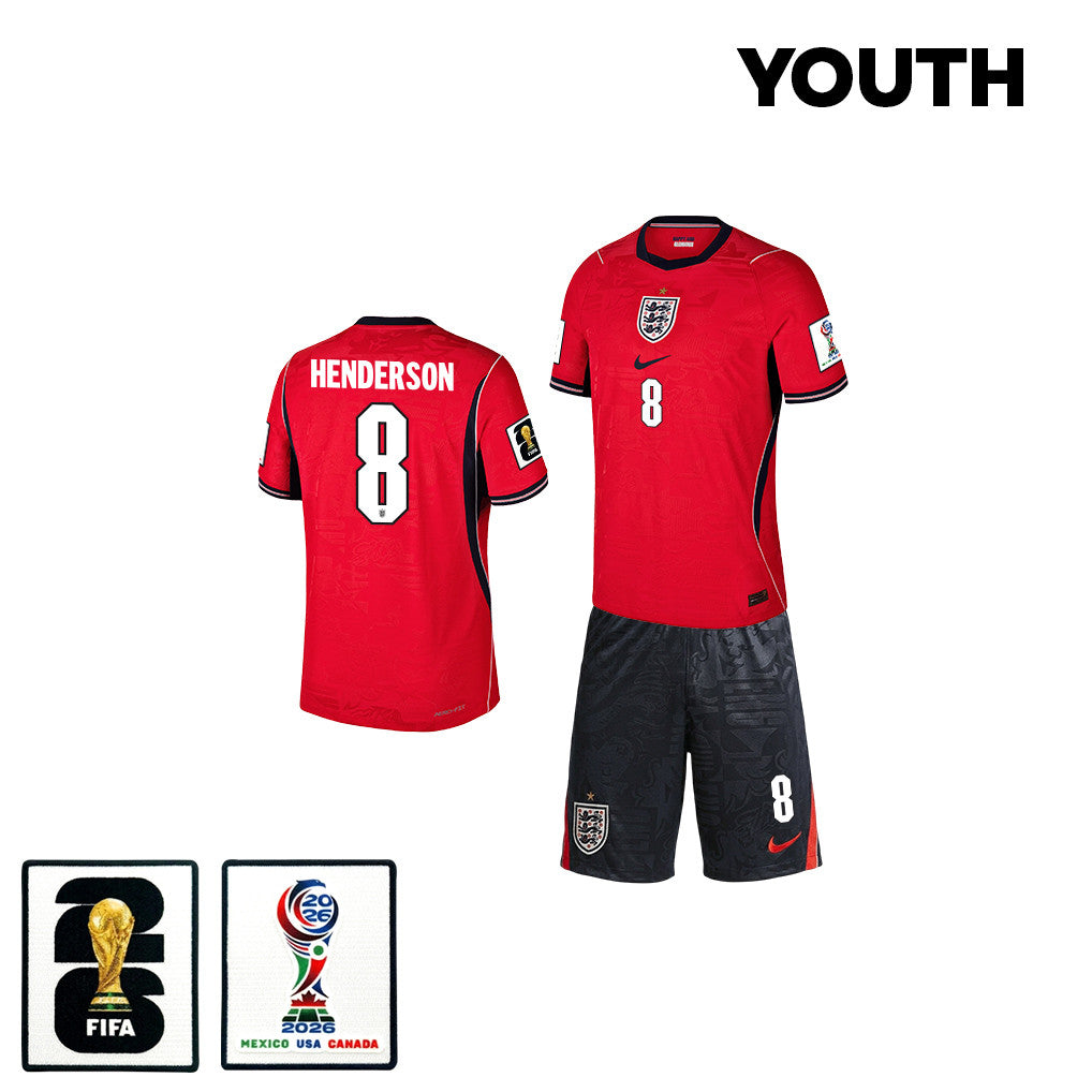 Jordan Henderson 8 England 2026 YOUTH Away Jersey & Shorts Set - Red/Black