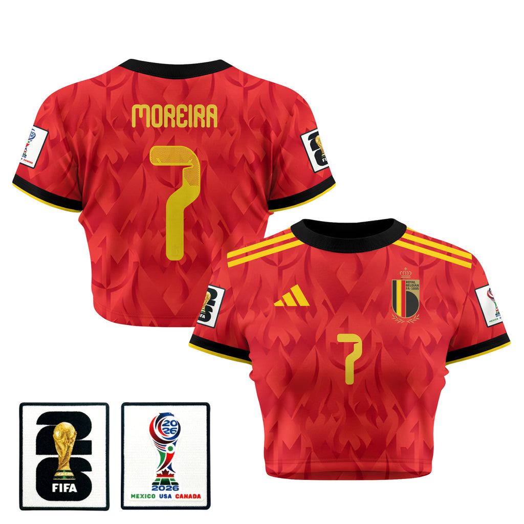 Diego Moreira 7 Belgium 2026 Women's Home All-Over Print Cropped Jersey - Red