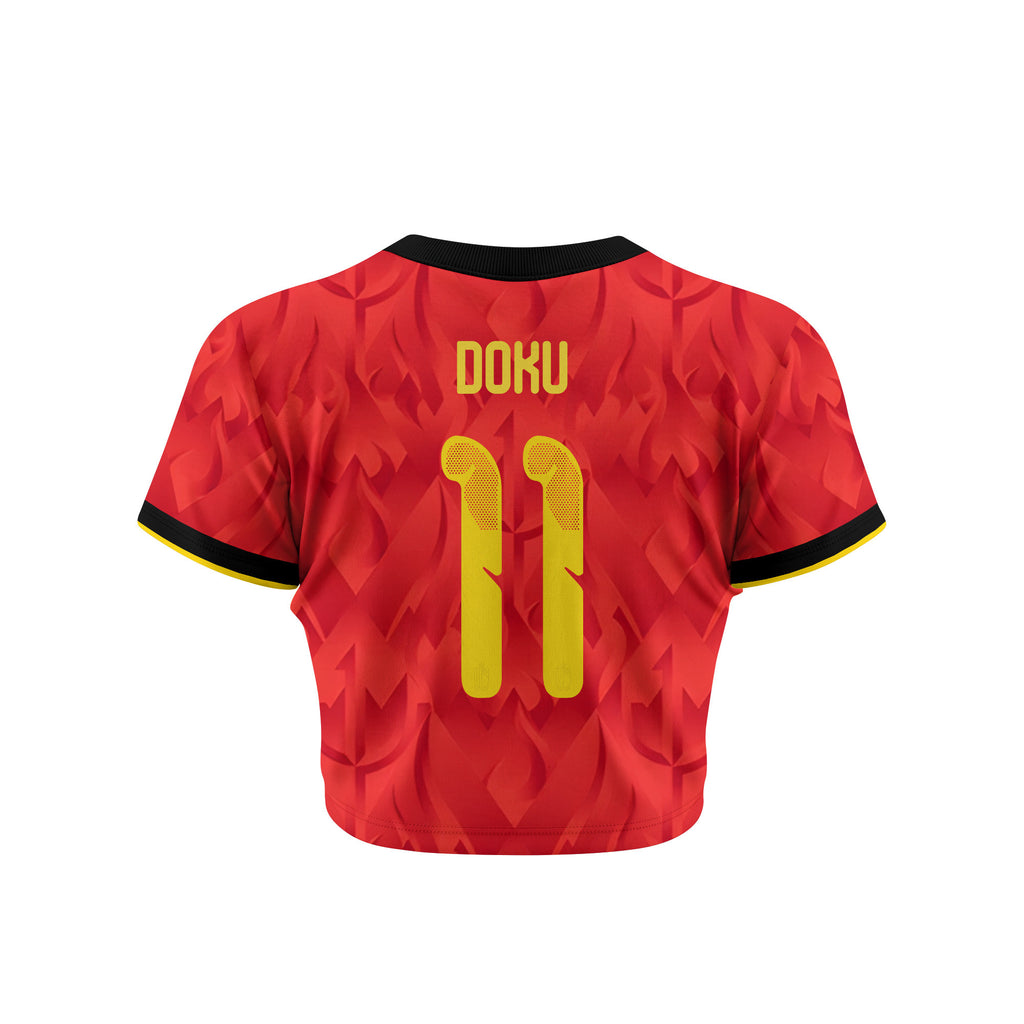 Jérémy Doku 11 Belgium 2026 Women's Home All-Over Print Cropped Jersey - Red