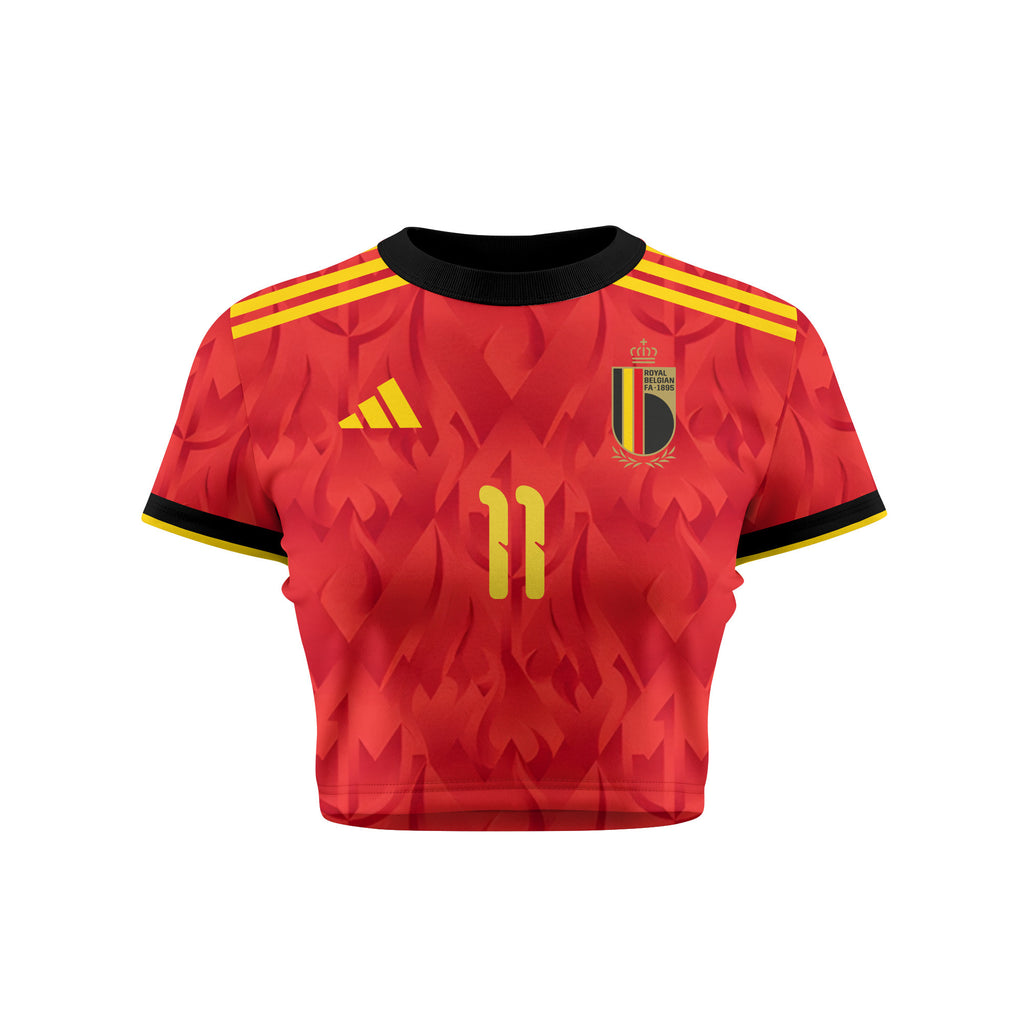 Jérémy Doku 11 Belgium 2026 Women's Home All-Over Print Cropped Jersey - Red