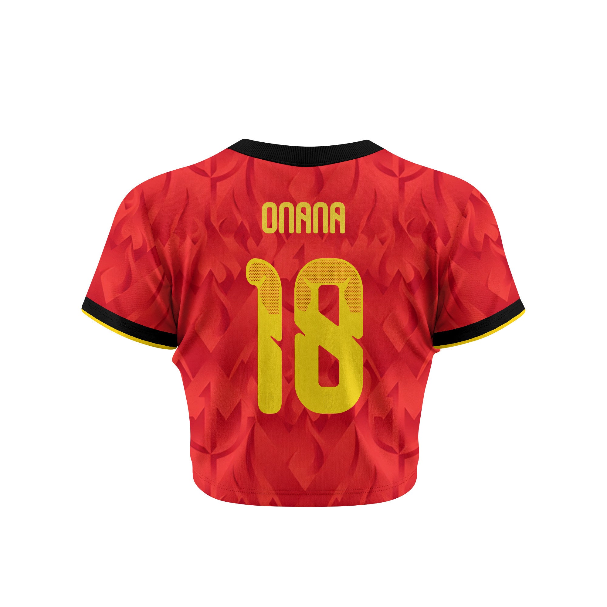 Amadou Onana 18 Belgium 2026 Women's Home All-Over Print Cropped Jersey - Red