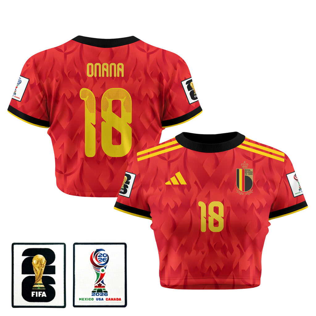 Amadou Onana 18 Belgium 2026 Women's Home All-Over Print Cropped Jersey - Red