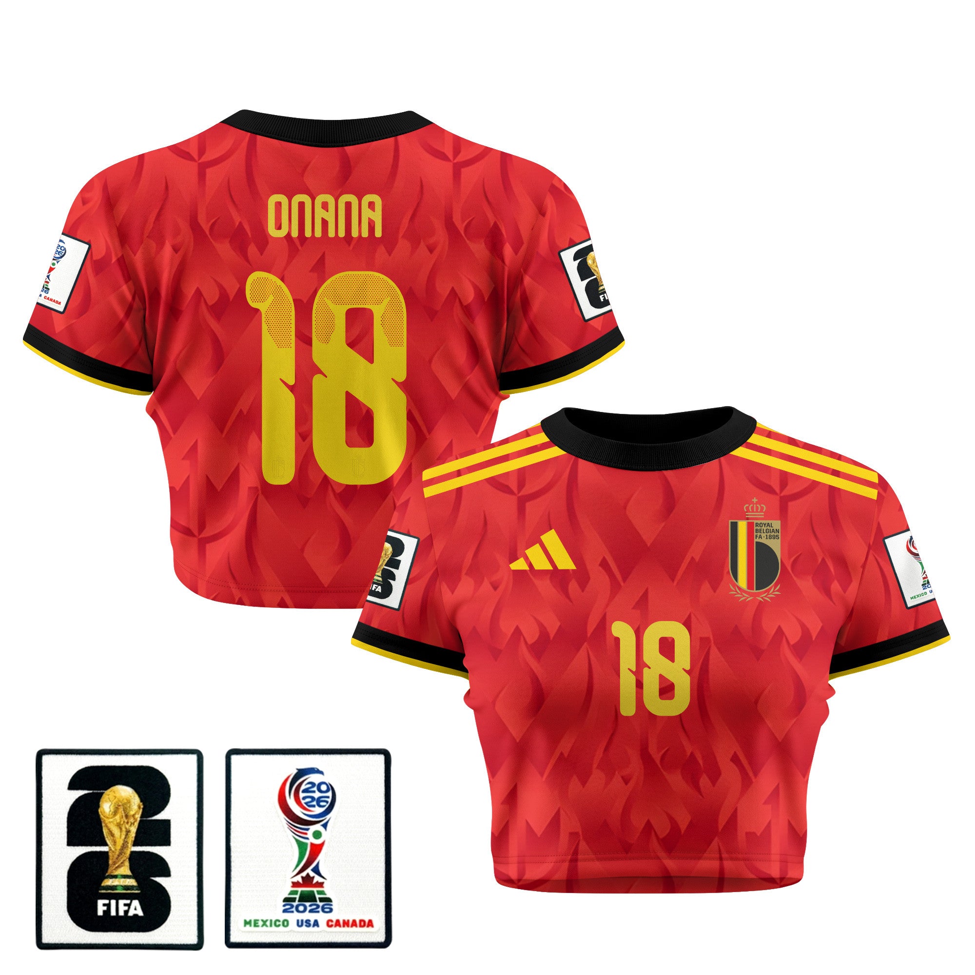Amadou Onana 18 Belgium 2026 Women's Home All-Over Print Cropped Jersey - Red