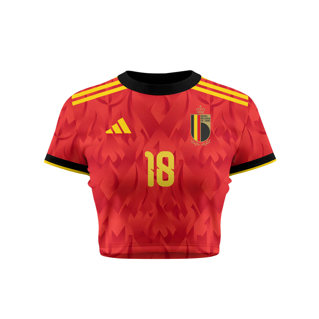 Amadou Onana 18 Belgium 2026 Women's Home All-Over Print Cropped Jersey - Red