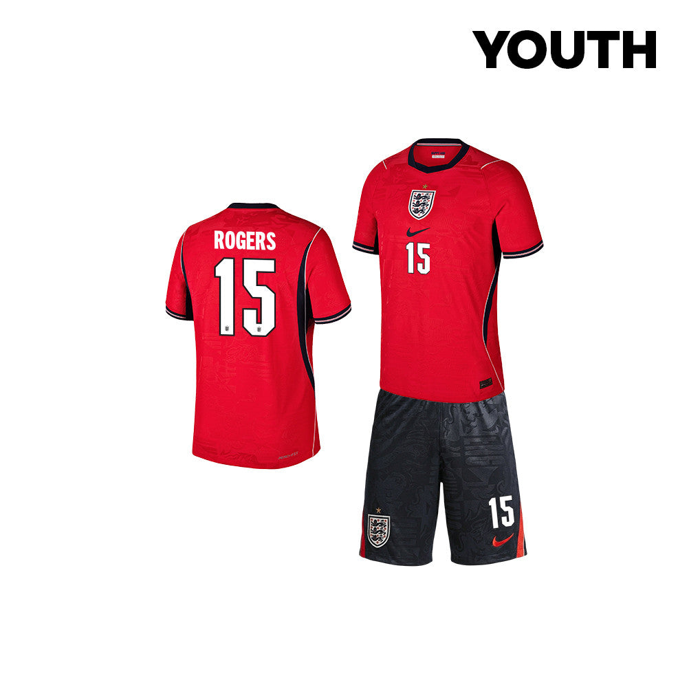Morgan Rogers 15 England 2026 YOUTH Away Jersey & Shorts Set - Red/Black