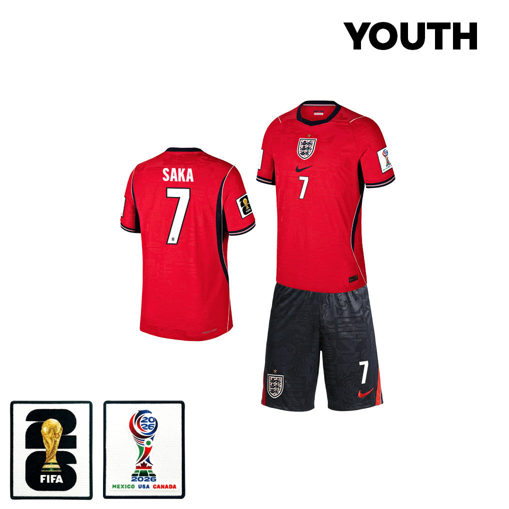 Bukayo Saka 7 England 2026 YOUTH Away Jersey & Shorts Set - Red/Black