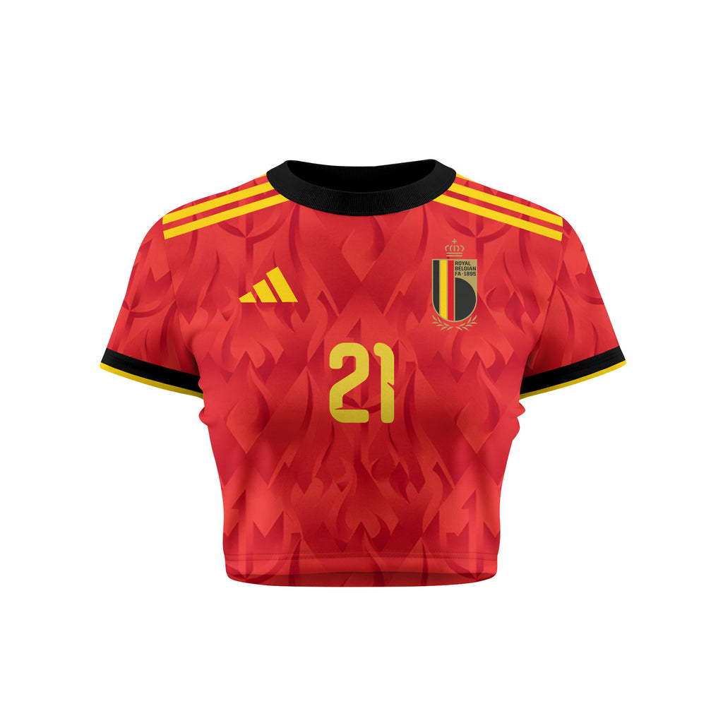 Timothy Castagne 21 Belgium 2026 Women's Home All-Over Print Cropped Jersey - Red