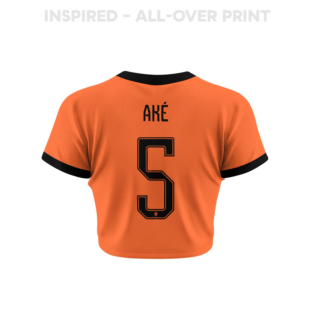 Nathan Aké 5 Netherlands 2026 Women's Home All-Over Print Cropped Jersey - Orange