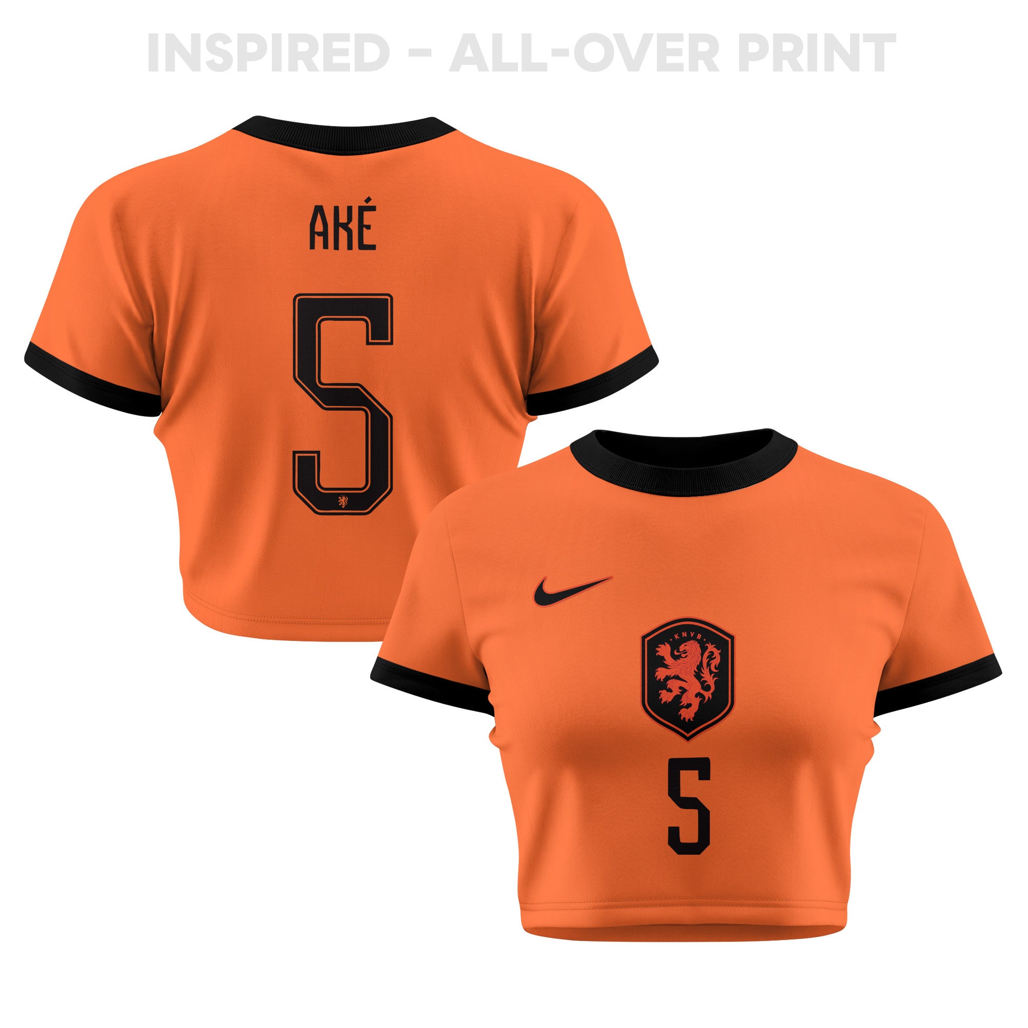 Nathan Aké 5 Netherlands 2026 Women's Home All-Over Print Cropped Jersey - Orange