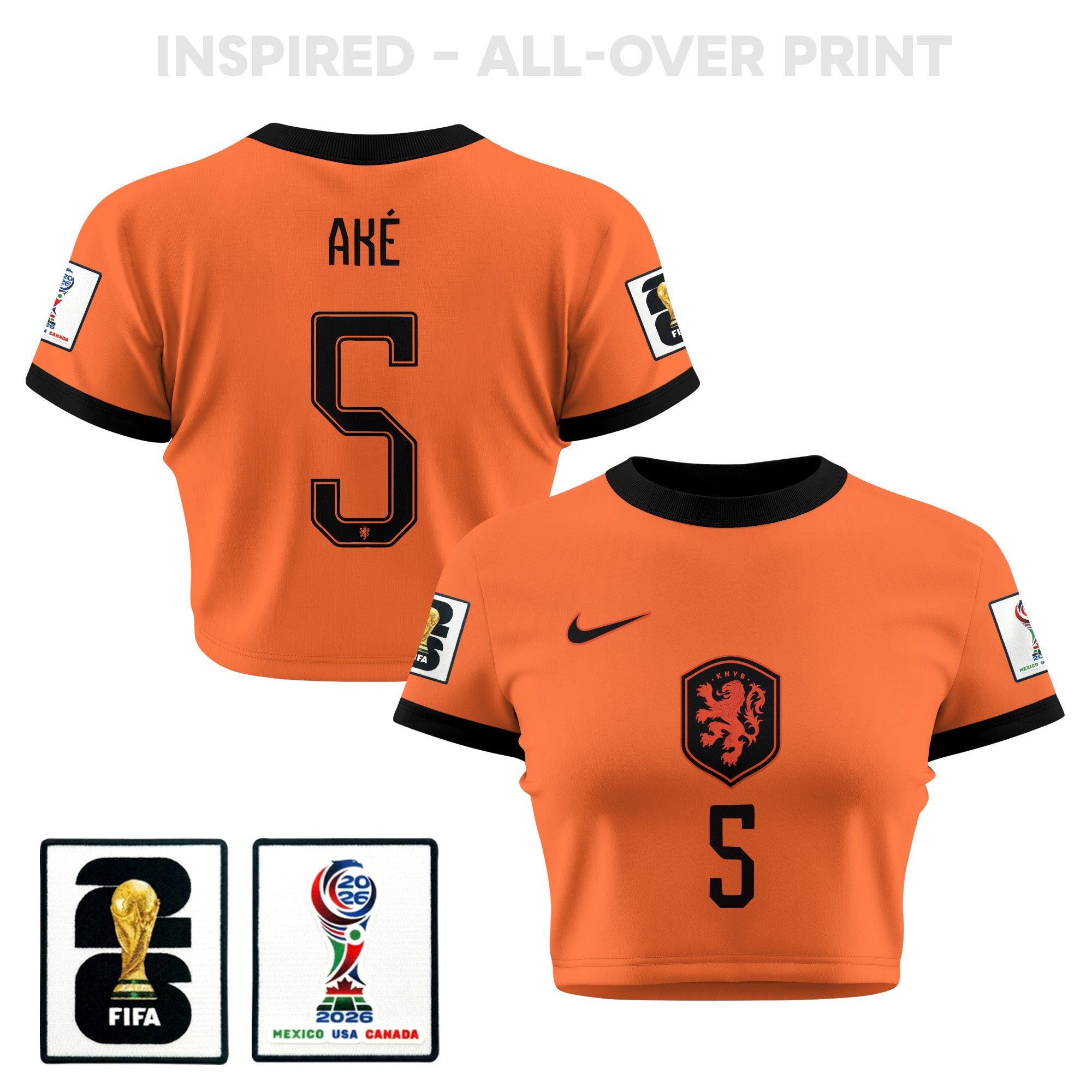 Nathan Aké 5 Netherlands 2026 Women's Home All-Over Print Cropped Jersey - Orange