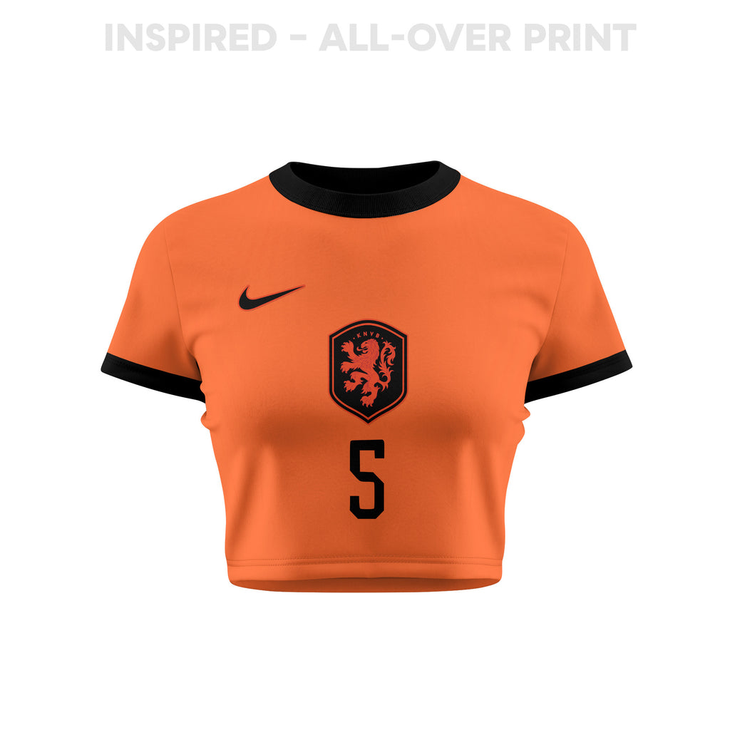 Nathan Aké 5 Netherlands 2026 Women's Home All-Over Print Cropped Jersey - Orange