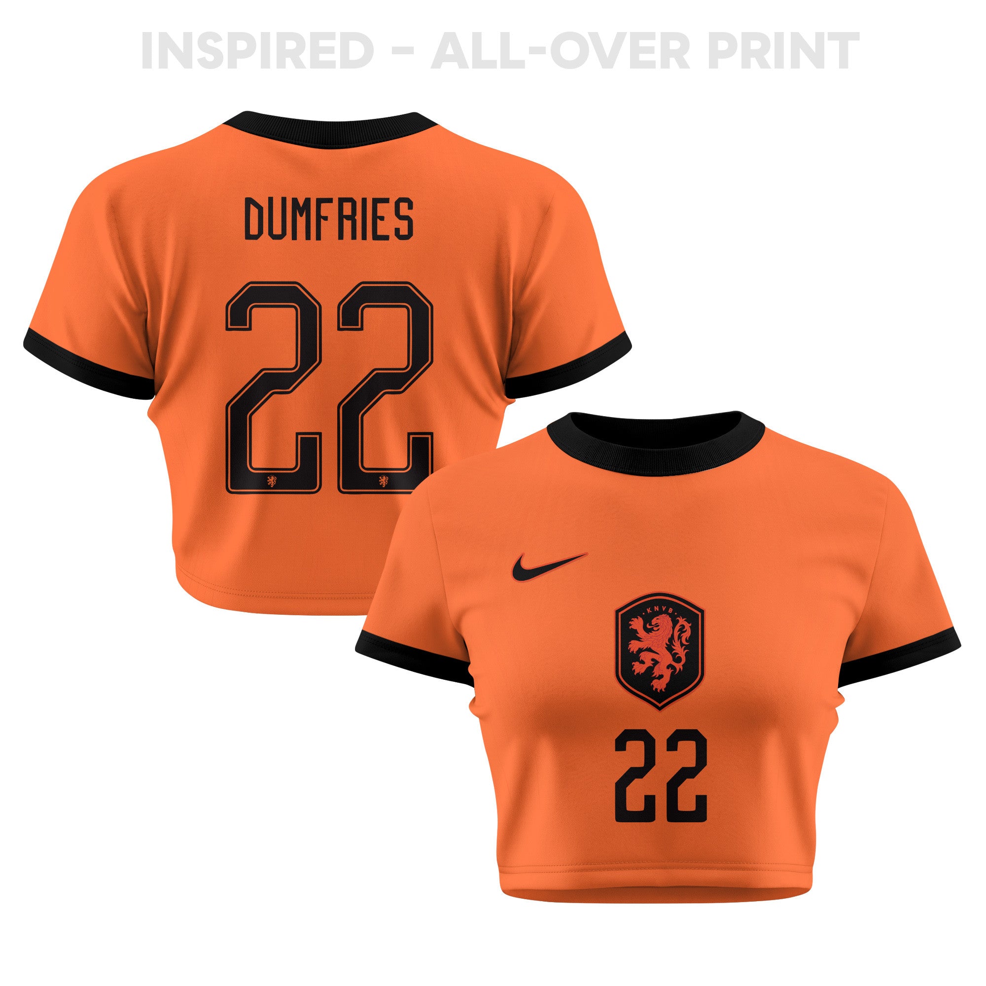 Denzel Dumfries 22 Netherlands 2026 Women's Home All-Over Print Cropped Jersey - Orange