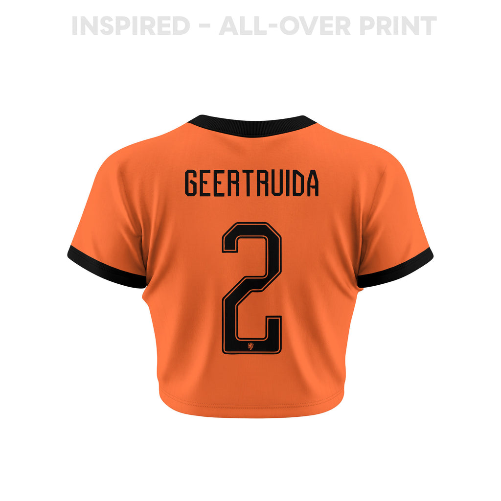 Lutsharel Geertruida 2 Netherlands 2026 Women's Home All-Over Print Cropped Jersey - Orange