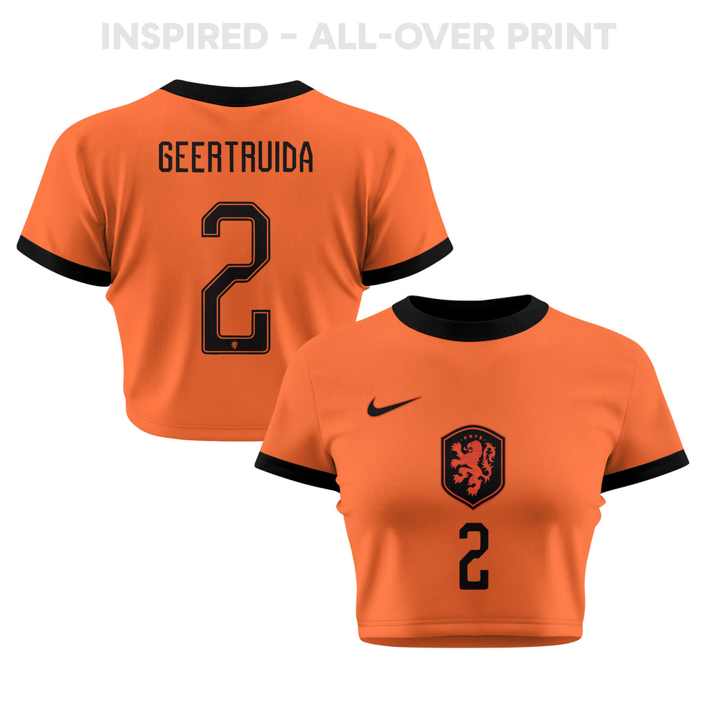 Lutsharel Geertruida 2 Netherlands 2026 Women's Home All-Over Print Cropped Jersey - Orange
