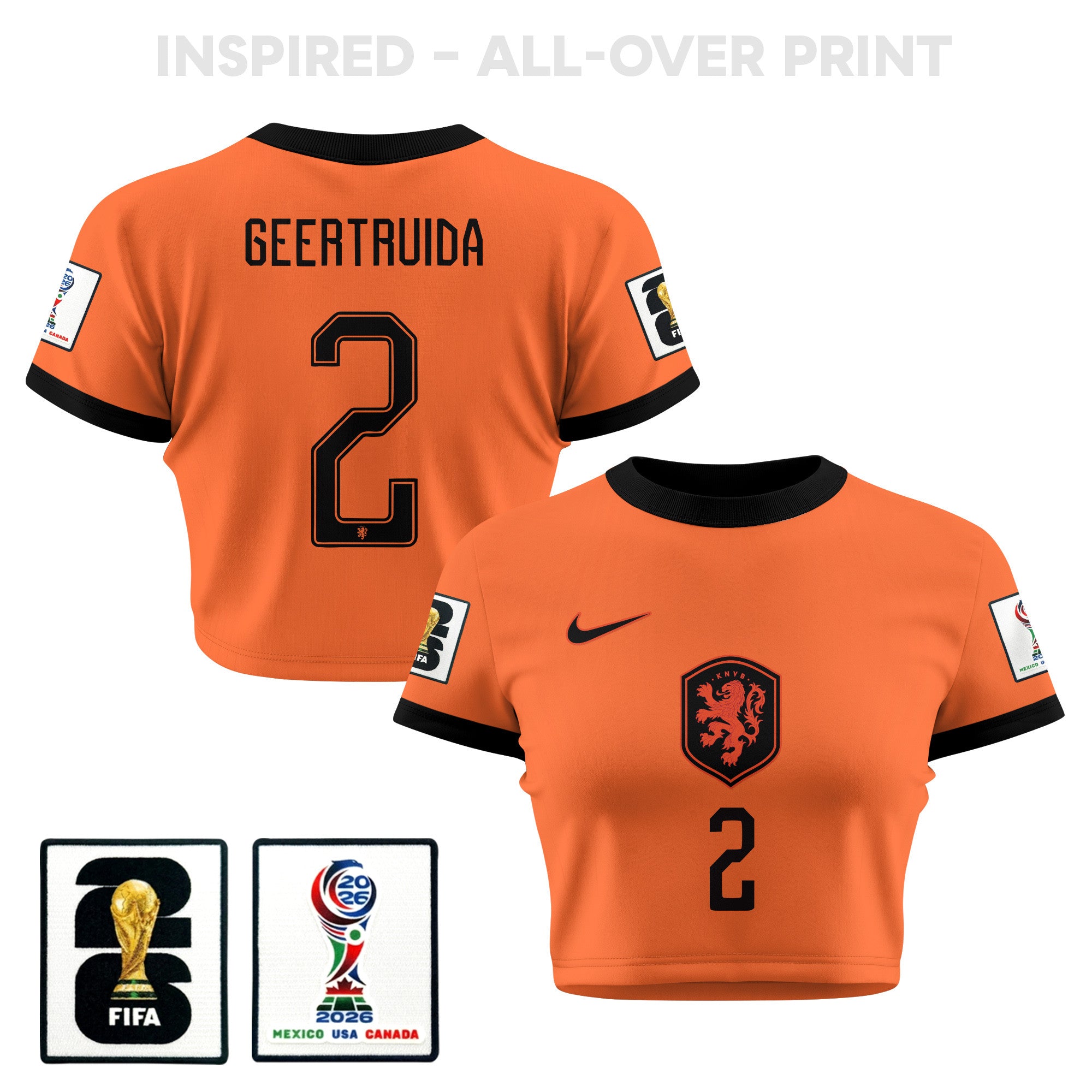 Lutsharel Geertruida 2 Netherlands 2026 Women's Home All-Over Print Cropped Jersey - Orange