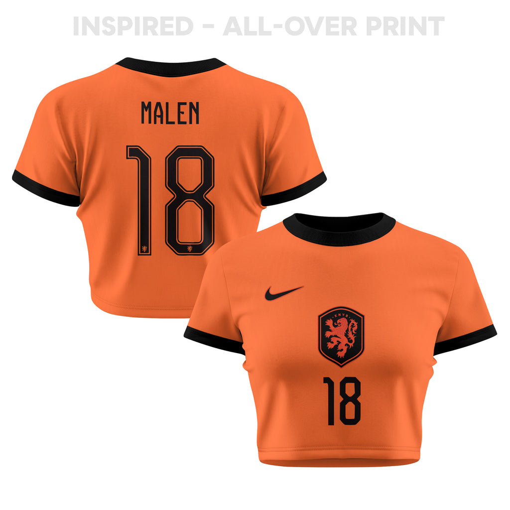 Donyell Malen 18 Netherlands 2026 Women's Home All-Over Print Cropped Jersey - Orange