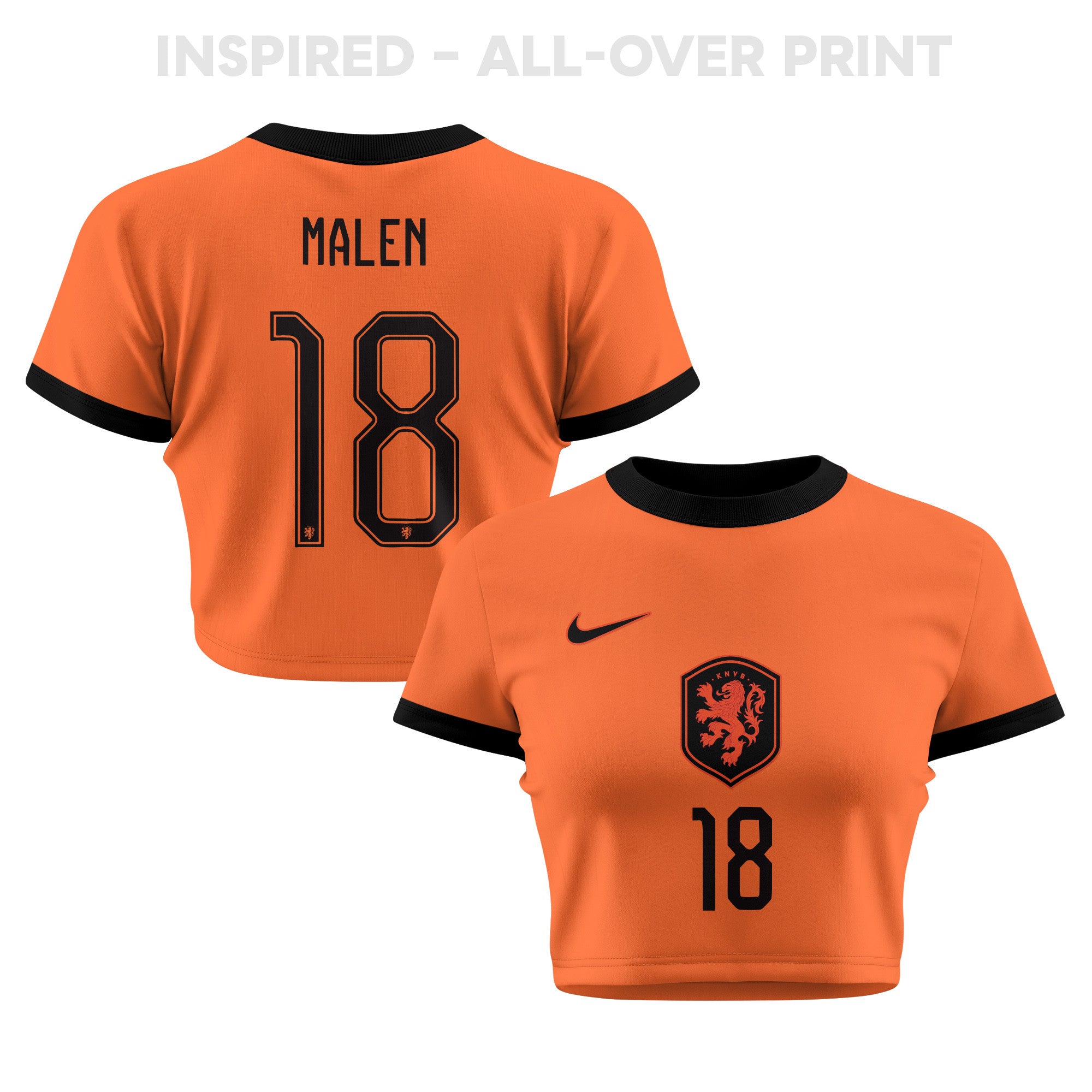 Donyell Malen 18 Netherlands 2026 Women's Home All-Over Print Cropped Jersey - Orange