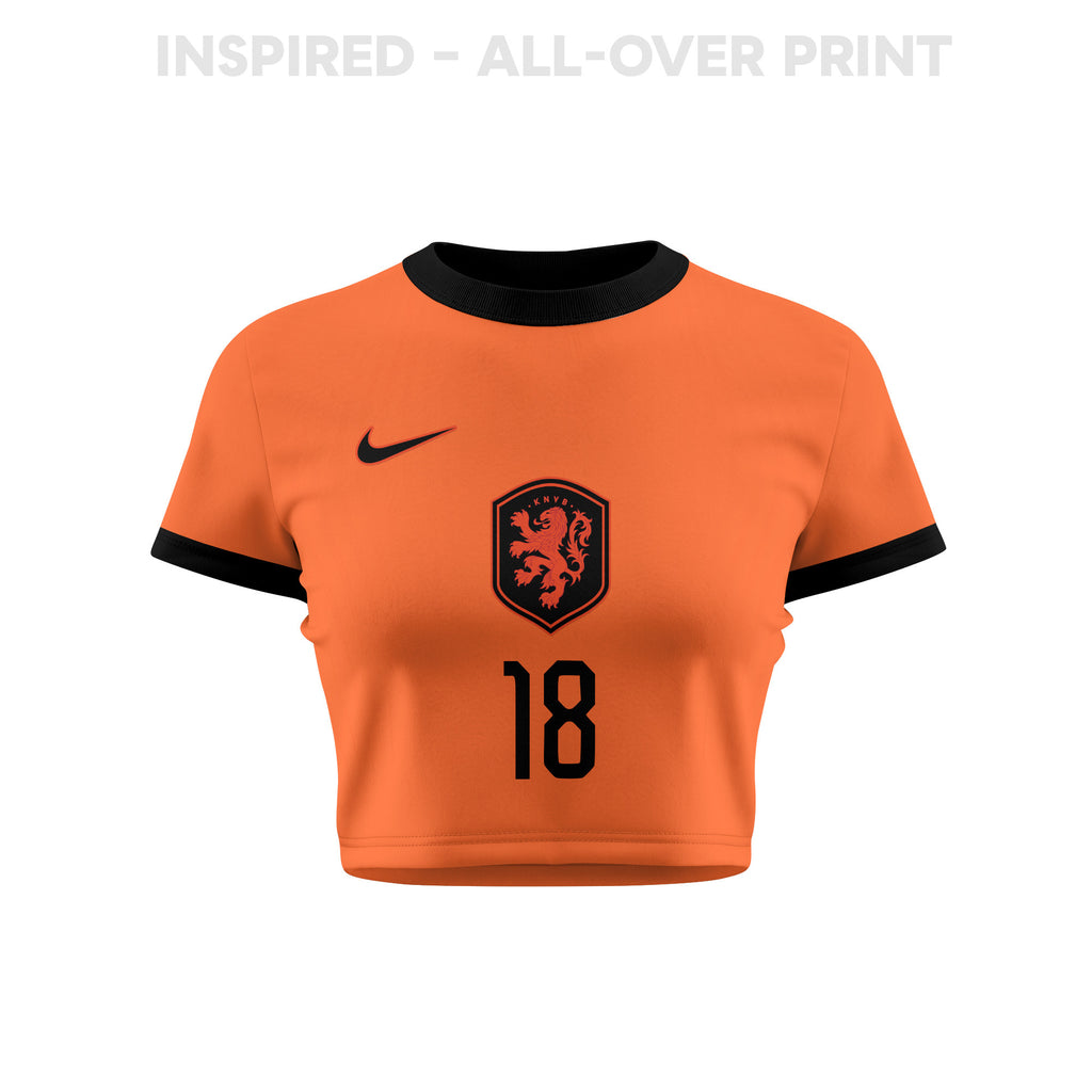 Donyell Malen 18 Netherlands 2026 Women's Home All-Over Print Cropped Jersey - Orange