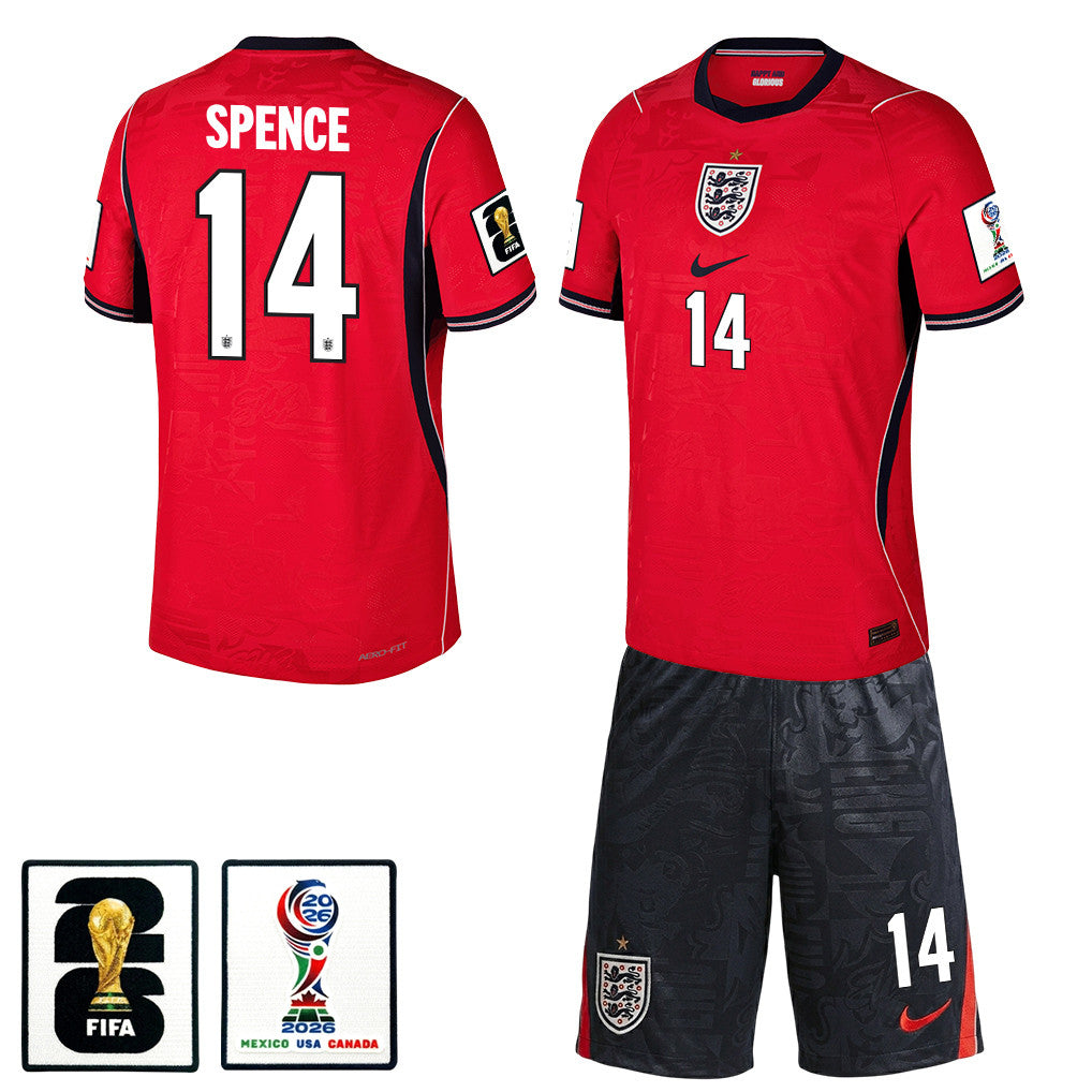 Djed Spence 14 England 2026 Away Men Jersey & Shorts Set – Red/Black