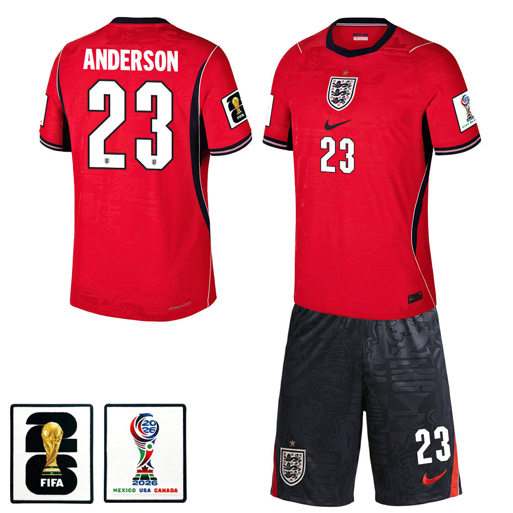 Elliot Anderson 23 England 2026 Away Men Jersey & Shorts Set – Red/Black