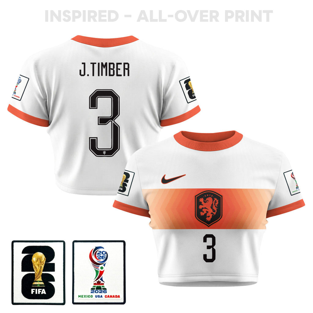 Jurriën Timber 3 Netherlands 2026 Women's Away All-Over Print Cropped Jersey - White