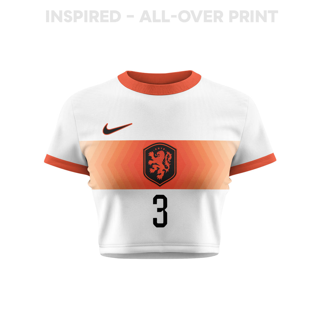 Jurriën Timber 3 Netherlands 2026 Women's Away All-Over Print Cropped Jersey - White