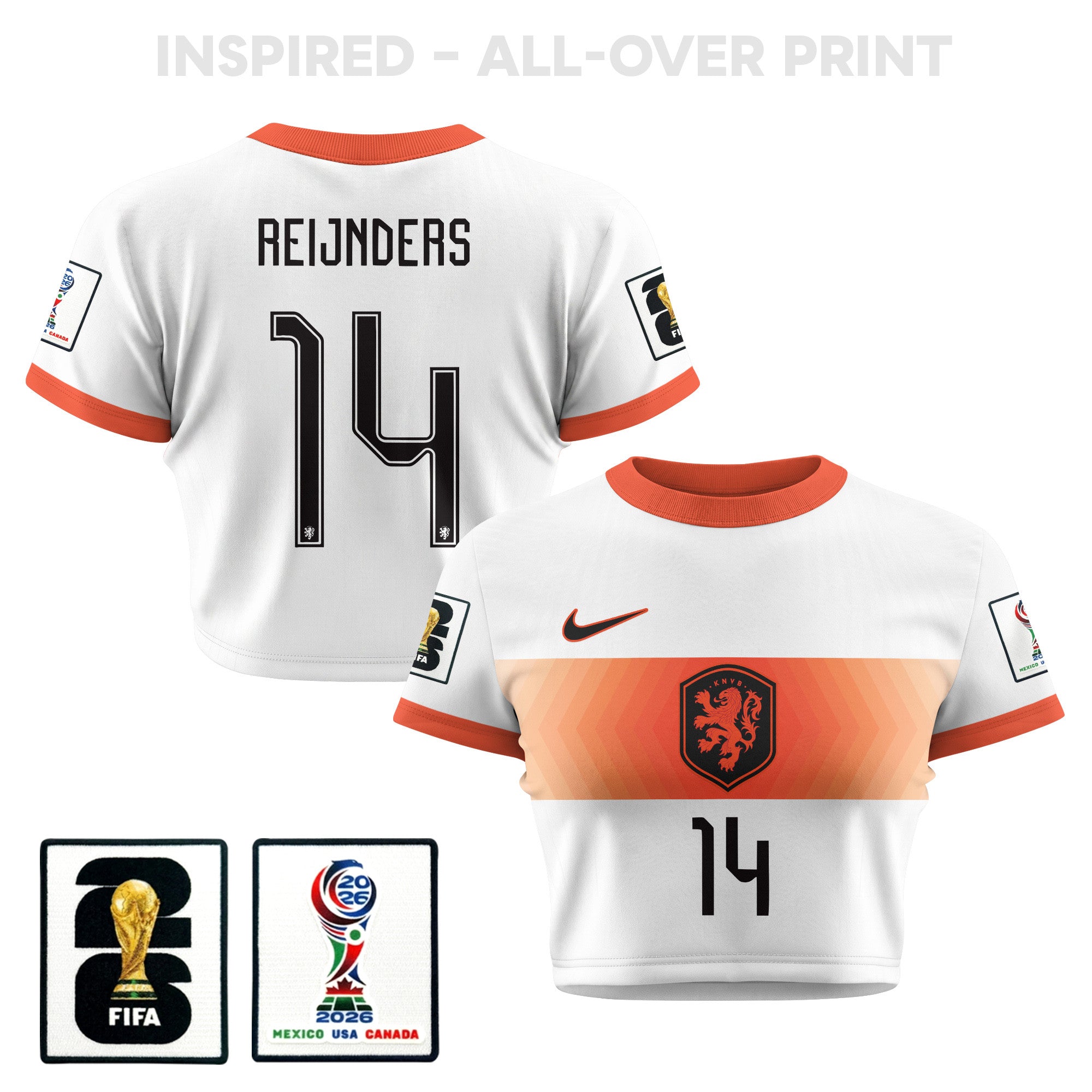 Tijjani Reijnders 14 Netherlands 2026 Women's Away All-Over Print Cropped Jersey - White